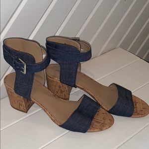 Faux denim sandal heels with cork style soles